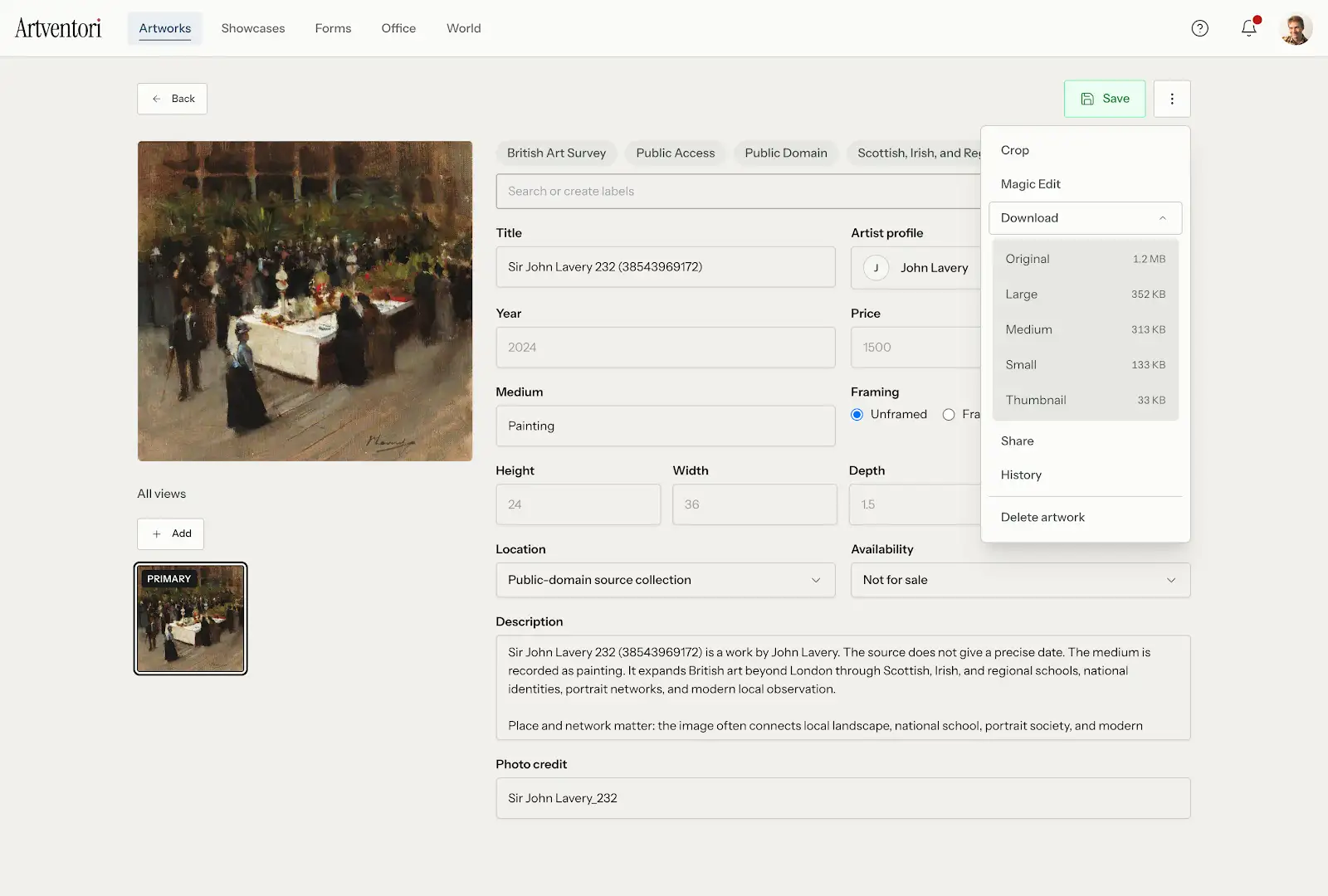 Artventori creator workflow with artwork records, metadata, and polished images.