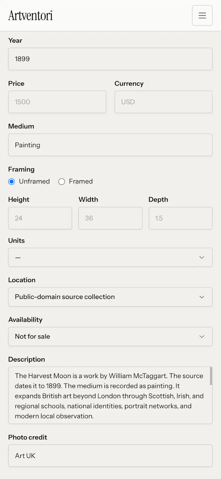 Artventori product view for Image delivery