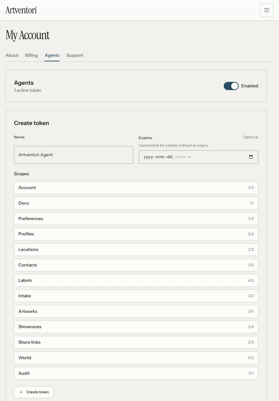 Artventori agent access workflow with scoped tokens and recent activity.
