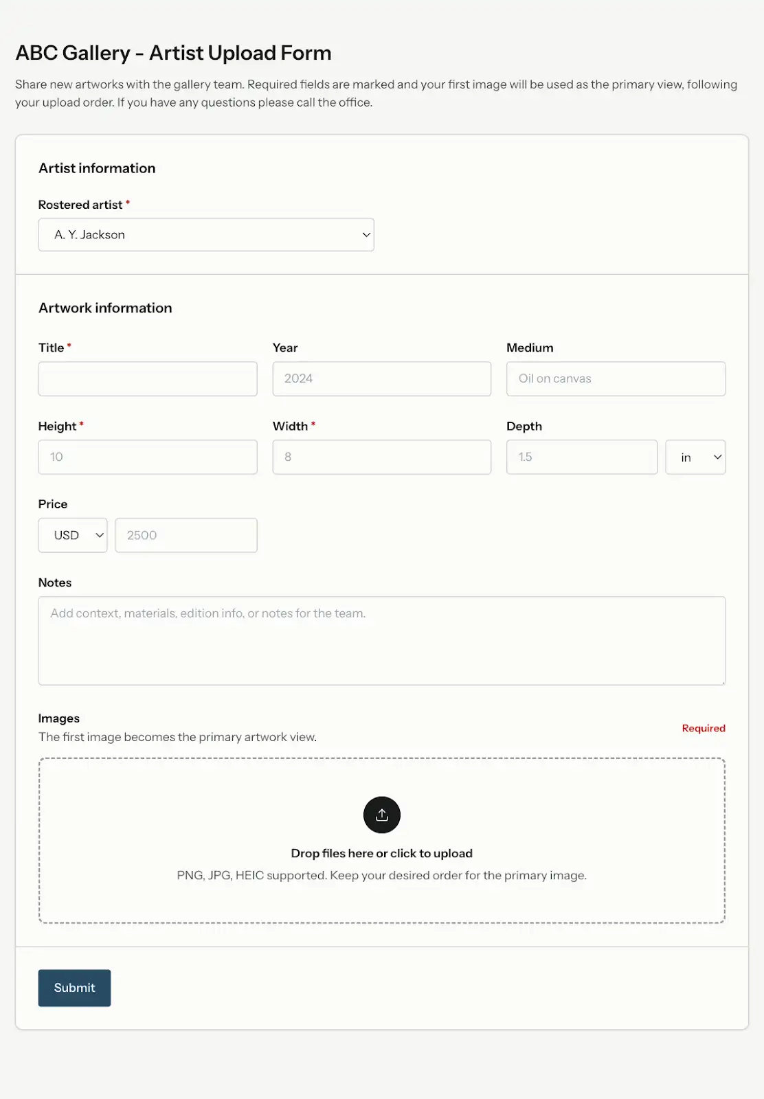 Artventori gallery workflow with showcase builder, intake forms, and submission notifications.